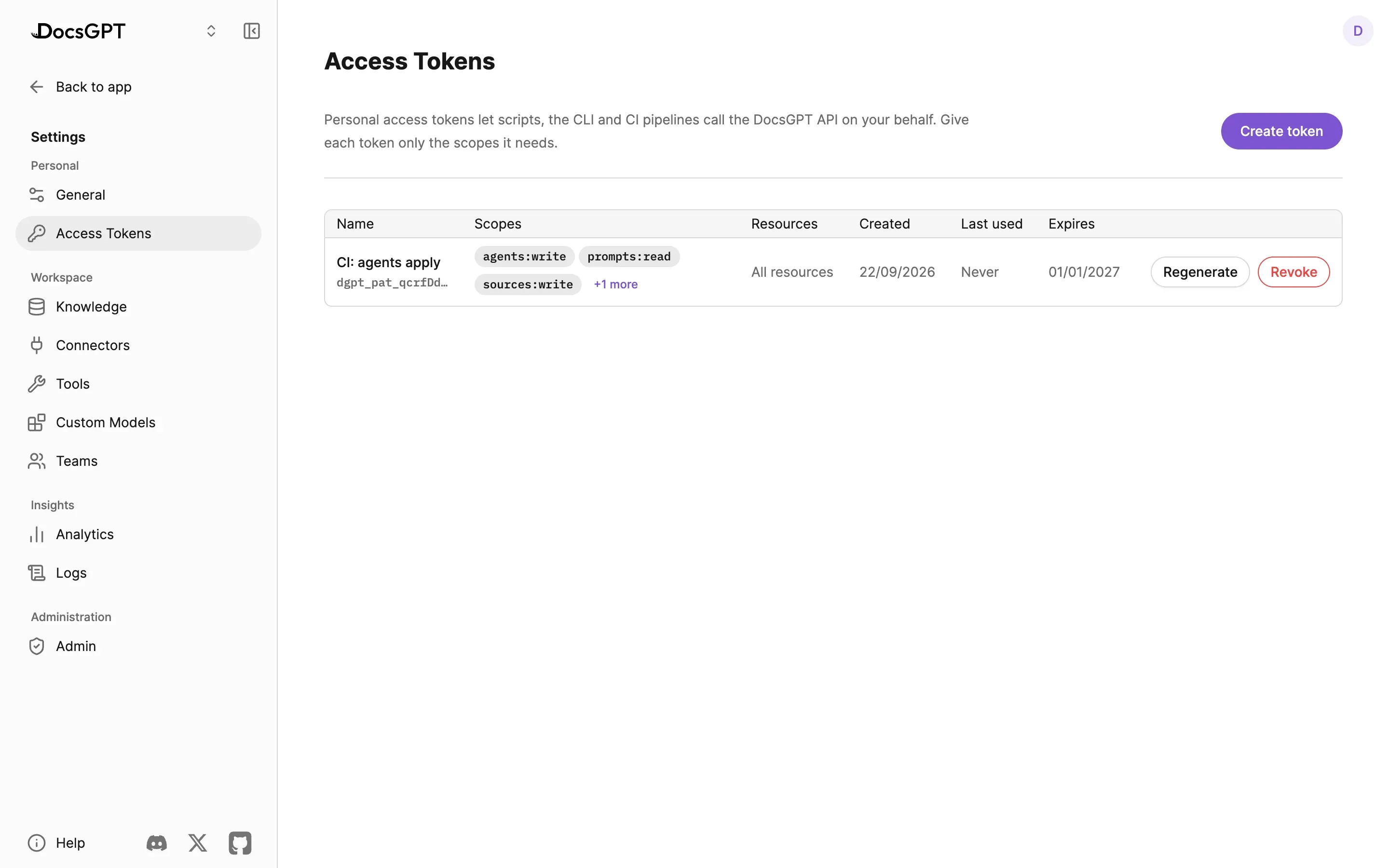 Settings › Access Tokens: a token named CI: agents apply with the scopes agents:write, prompts:read and sources:write, access to all resources and an expiry date, with Regenerate and Revoke buttons.