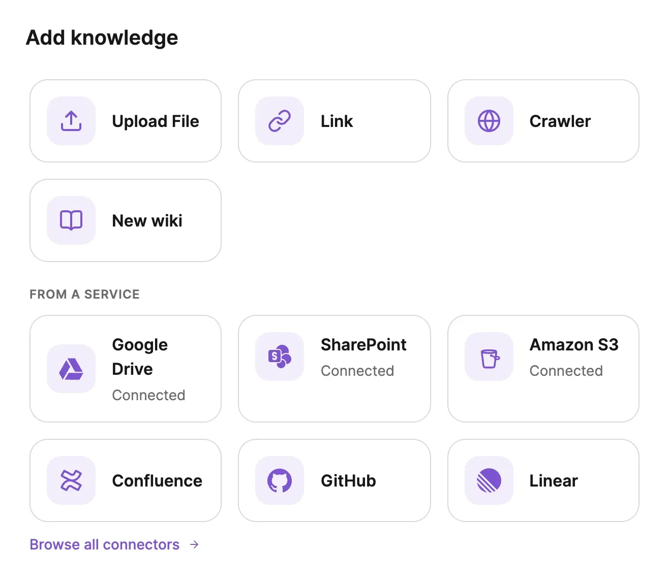 The Add knowledge dialog: Upload File, Link, Crawler and New wiki, then From a service: Google Drive, SharePoint and Amazon S3 marked Connected, Confluence, GitHub and Linear, and a link to browse all connectors.