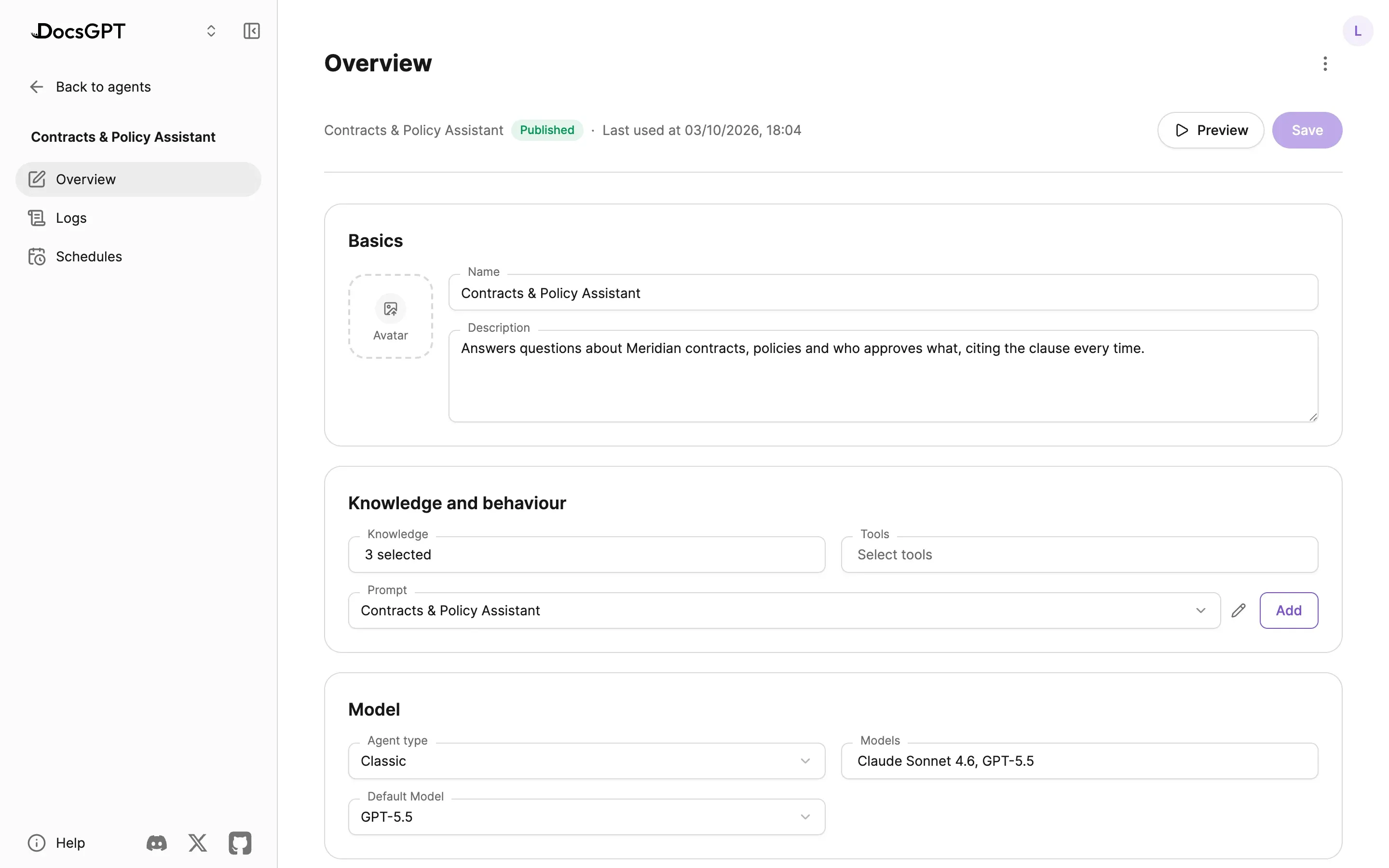 The agent editor's Overview for a published Contracts & Policy Assistant: Basics with name and description, Knowledge and behaviour with three knowledge sources, tools and a prompt, and Model with the agent type, the models offered and a default model.