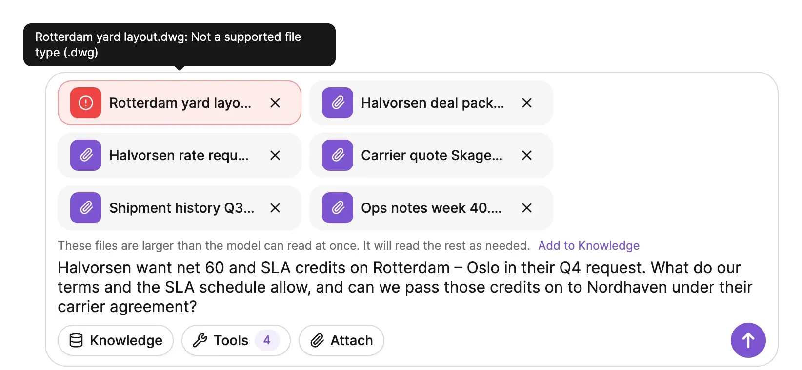 The chat composer with six attached files and a question about Halvorsen's Q4 request. One file has failed, and hovering it shows why: Rotterdam yard layout.dwg is not a supported file type. Under the files: These files are larger than the model can read at once. It will read the rest as needed, with Add to Knowledge.