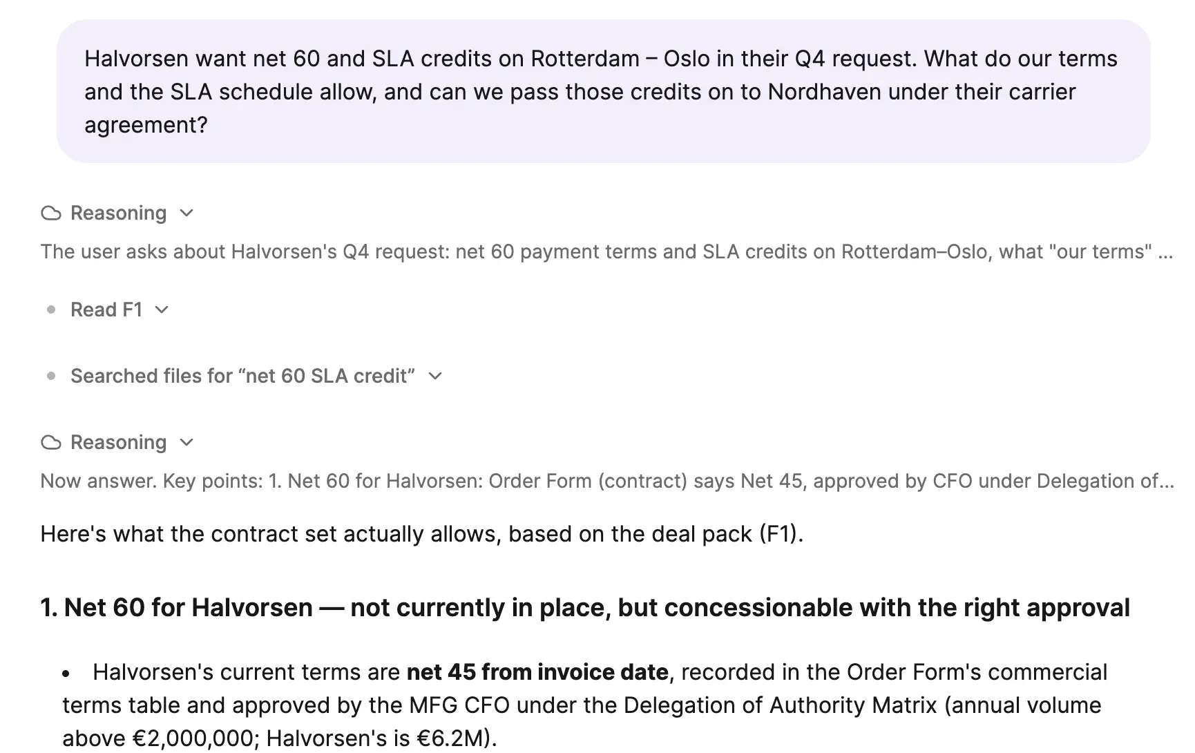 The answer to the same question: two labelled steps, Read F1 and Searched files for net 60 SLA credit, then the answer, drawn from the Halvorsen deal pack (F1): net 60 is a deviation from the standard terms and needs CFO approval.
