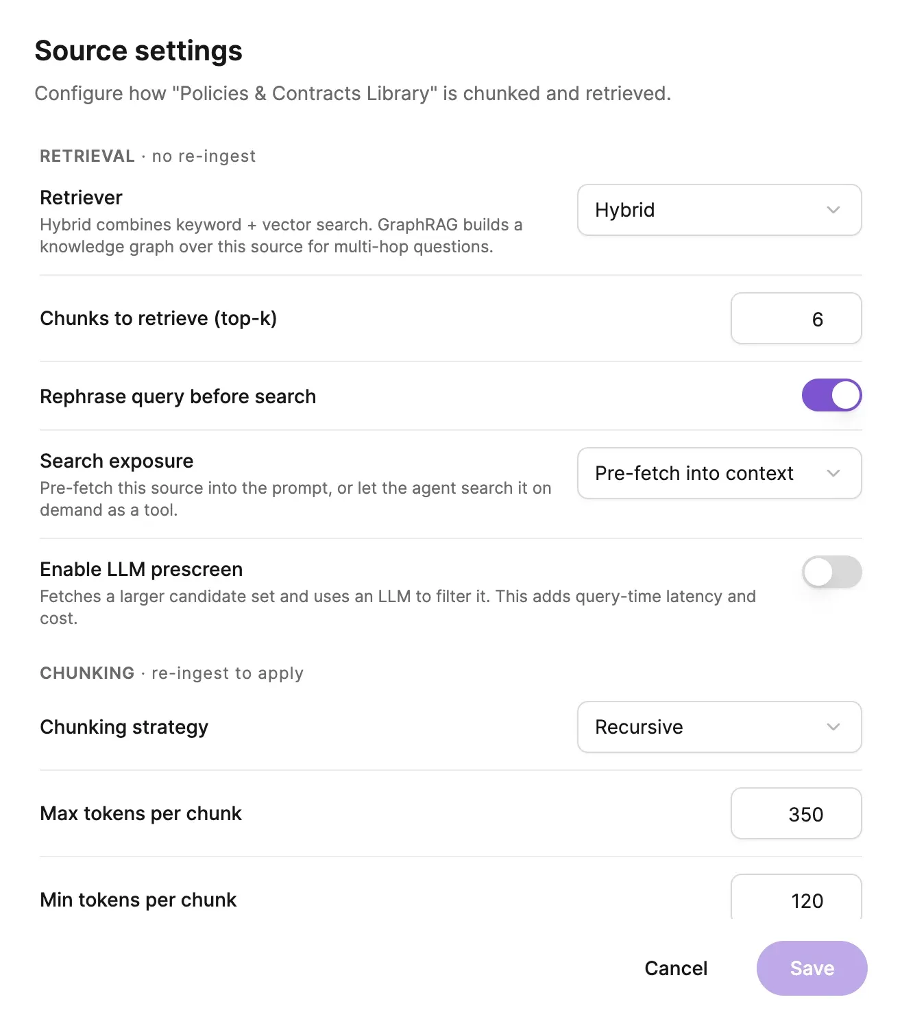 Source settings for a contracts library: Retriever set to Hybrid, 6 chunks to retrieve, Rephrase query before search on, Search exposure set to Pre-fetch into context and LLM prescreen off; below, the chunking strategy set to Recursive with maximum and minimum tokens per chunk.