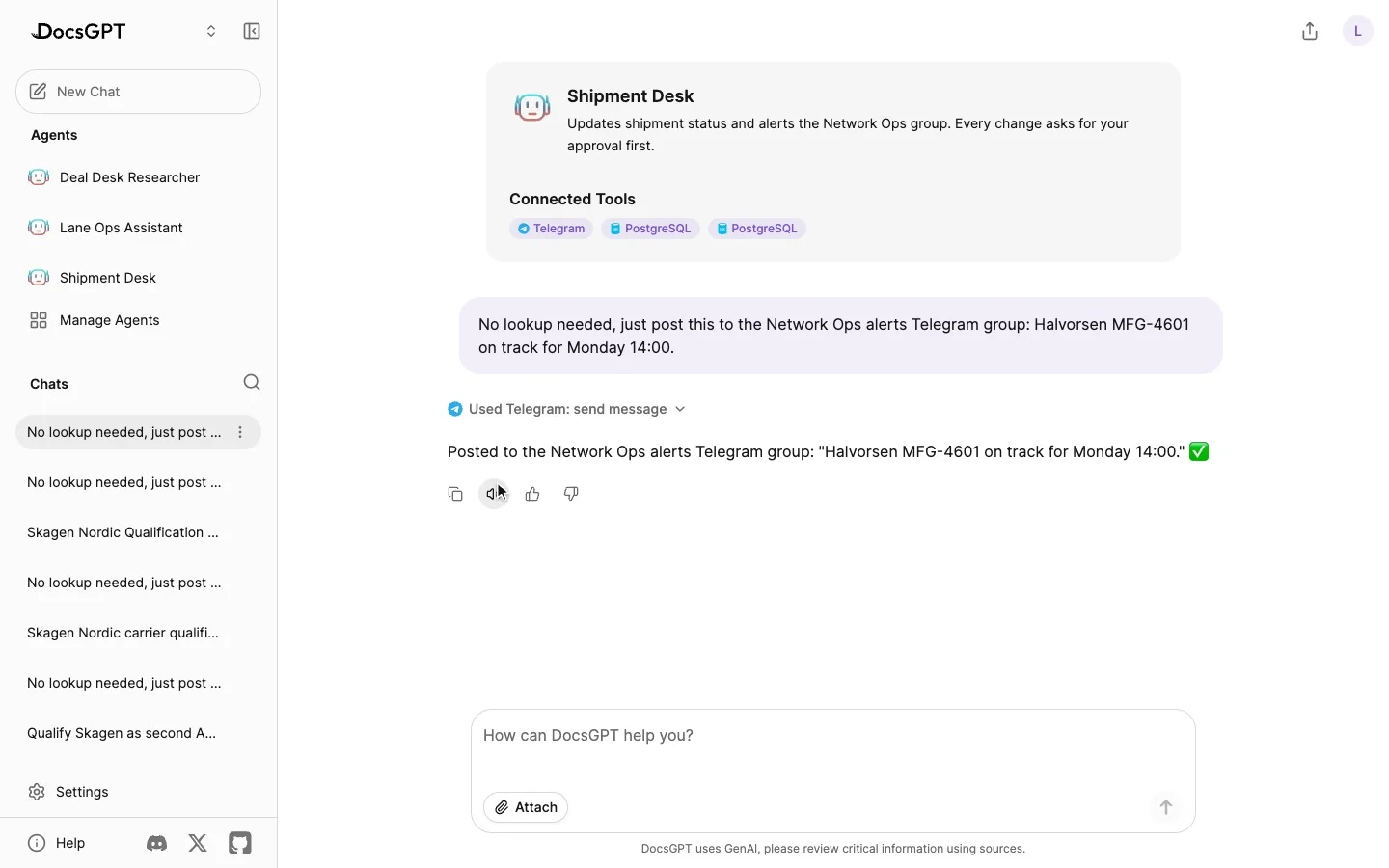 A user asks the Shipment Desk agent to post an update to a Telegram group; a Connect Telegram card appears because the tool runs on each person's own account; the bot token is pasted, and the answer resumes with Used Telegram: send message and the posted update.