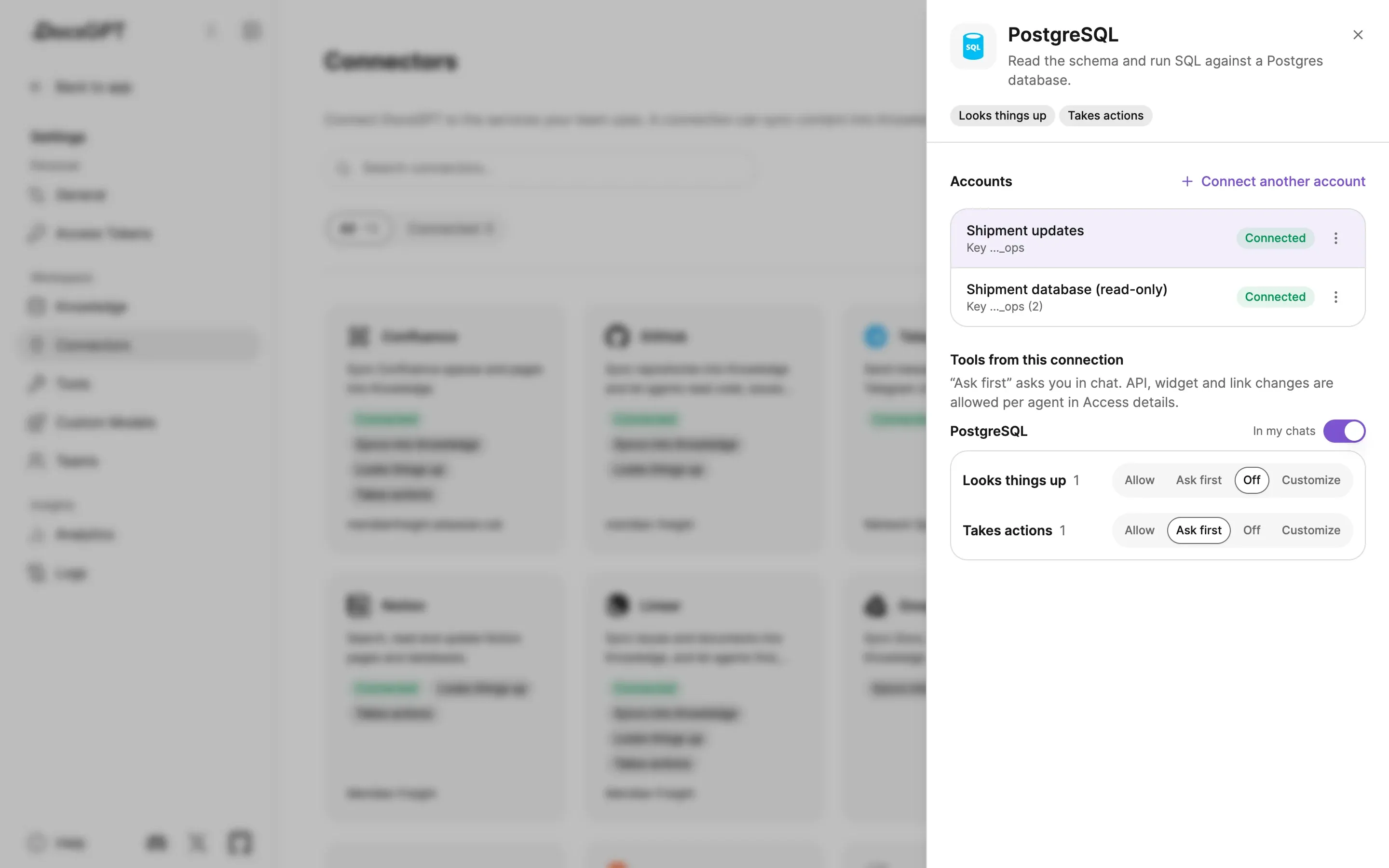 The PostgreSQL connector panel: two connected accounts, Shipment updates and Shipment database (read-only), and the tools from this connection with Looks things up set to Off and Takes actions set to Ask first.
