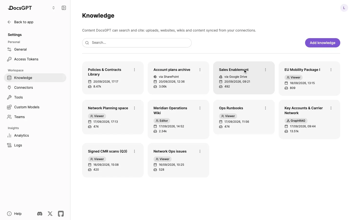 Settings › Connectors: Google Drive opens as Connected, with its synced knowledge and sync schedule; the Knowledge page then lists the synced source, Sales Enablement, via Google Drive.