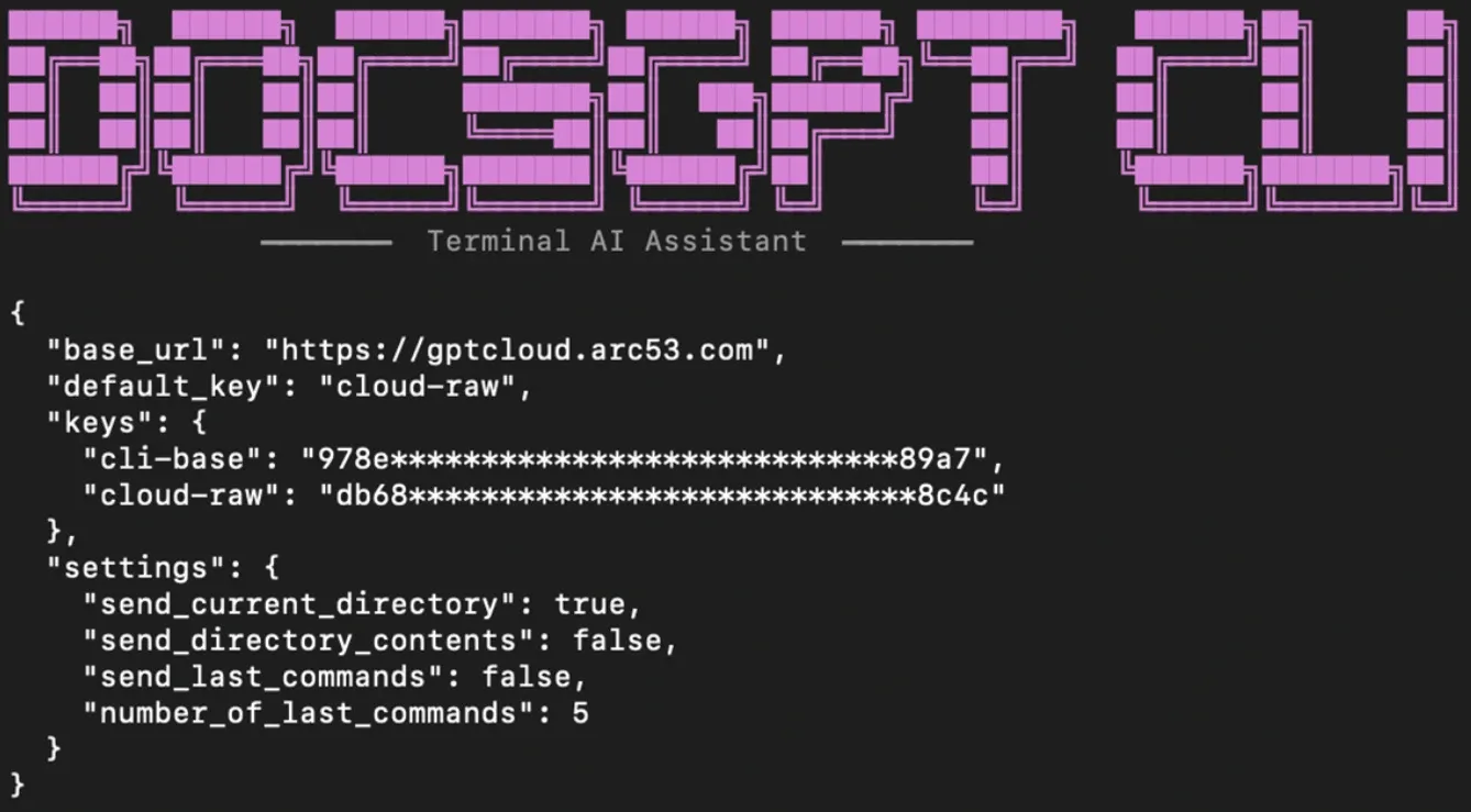 docsgpt-cli config output: a JSON document with base_url, default_key cloud-raw, two masked API keys under keys, and settings with send_current_directory true, send_directory_contents false, send_last_commands false and number_of_last_commands 5.
