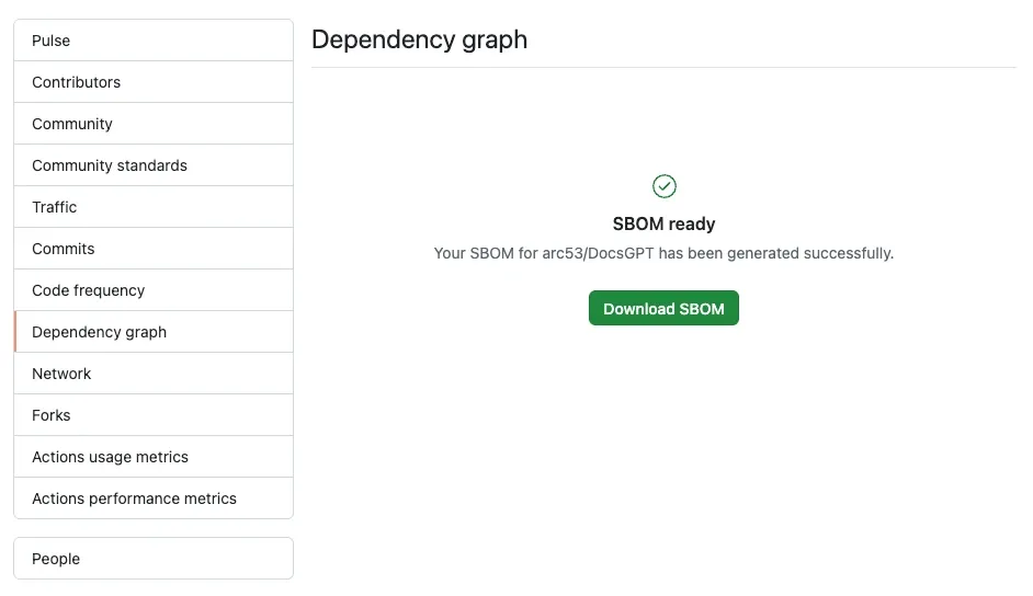 GitHub repository Insights page, Dependency graph tab: a green check with SBOM ready, Your SBOM for arc53/DocsGPT has been generated successfully, and a Download SBOM button.