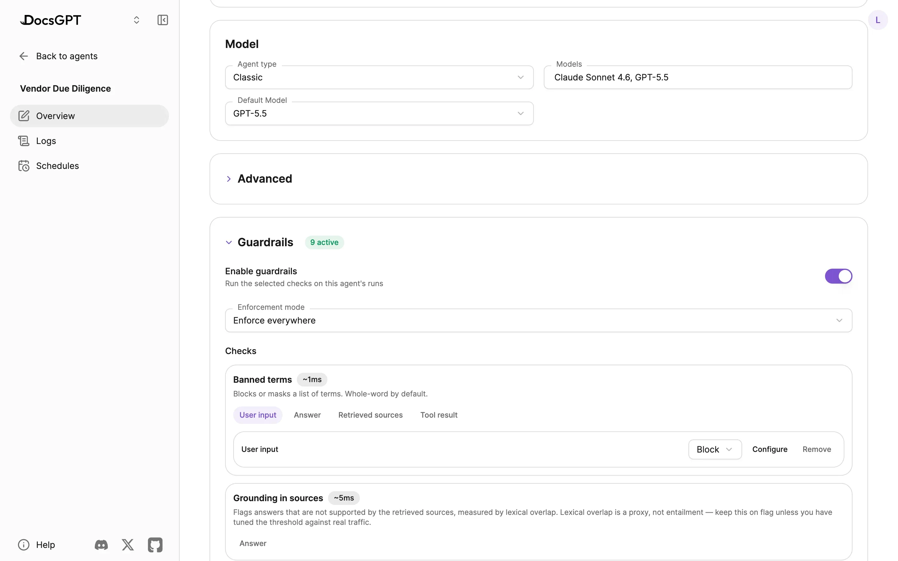 An agent's guardrail settings: guardrails enabled with 9 active checks, Enforcement mode set to Enforce everywhere, and checks such as Banned terms blocking at user input and Grounding in sources on the answer, each with its stages and action.