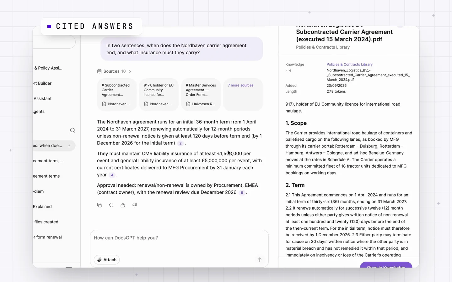 A question about when a carrier agreement ends is typed and answered with numbered citations, and one citation opens the source contract beside the chat. Then a knowledge graph spreads out across a source's companies and lanes; an agent asks for approval before it updates a shipment in PostgreSQL and sends a Telegram alert; a renewal workflow runs node by node; and an HTML report opens with its chart and actions table. Last, a wall of screens drifts past: analytics, traces, guardrails, MCP tools, connectors and admin.