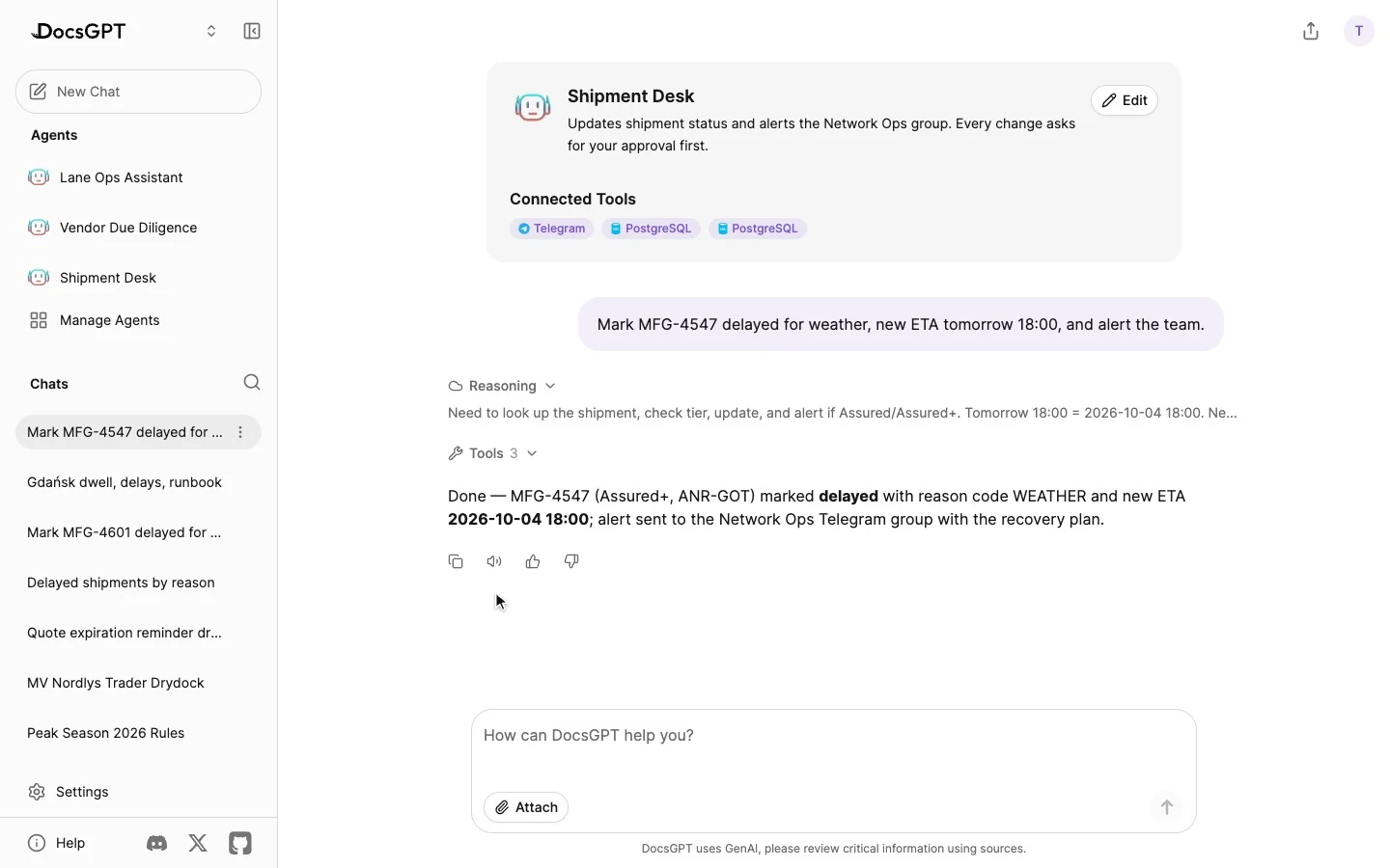 An agent is asked to mark a shipment delayed and alert the team. Its PostgreSQL update is held in a card showing the SQL with Approve and Deny buttons; the user approves it, then approves the Telegram alert the same way, and the finished steps fold into the answer.