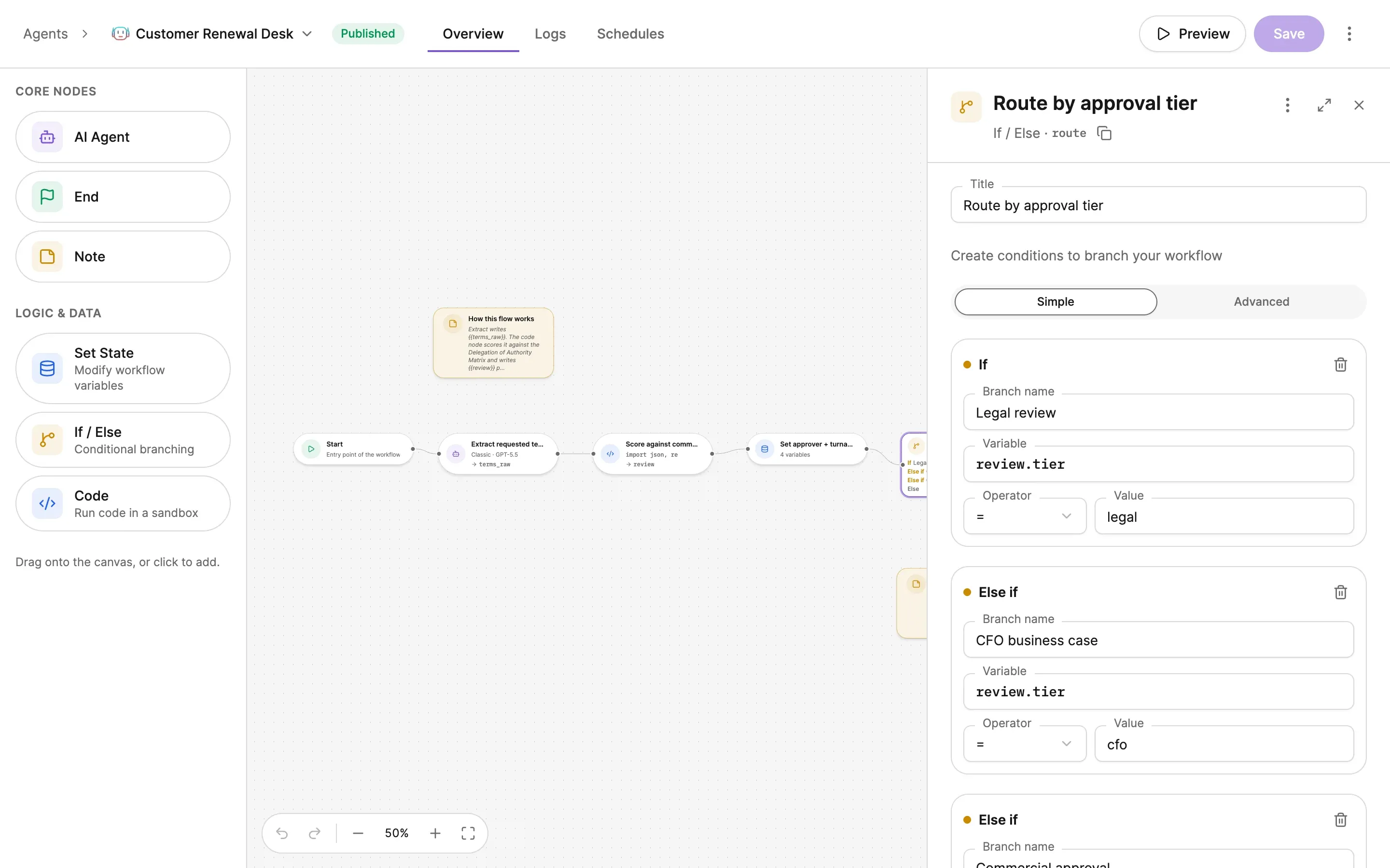 An If / Else node named Route by approval tier, open in Simple mode: branches named Legal review and CFO business case, each comparing the variable review.tier with equals to a value.