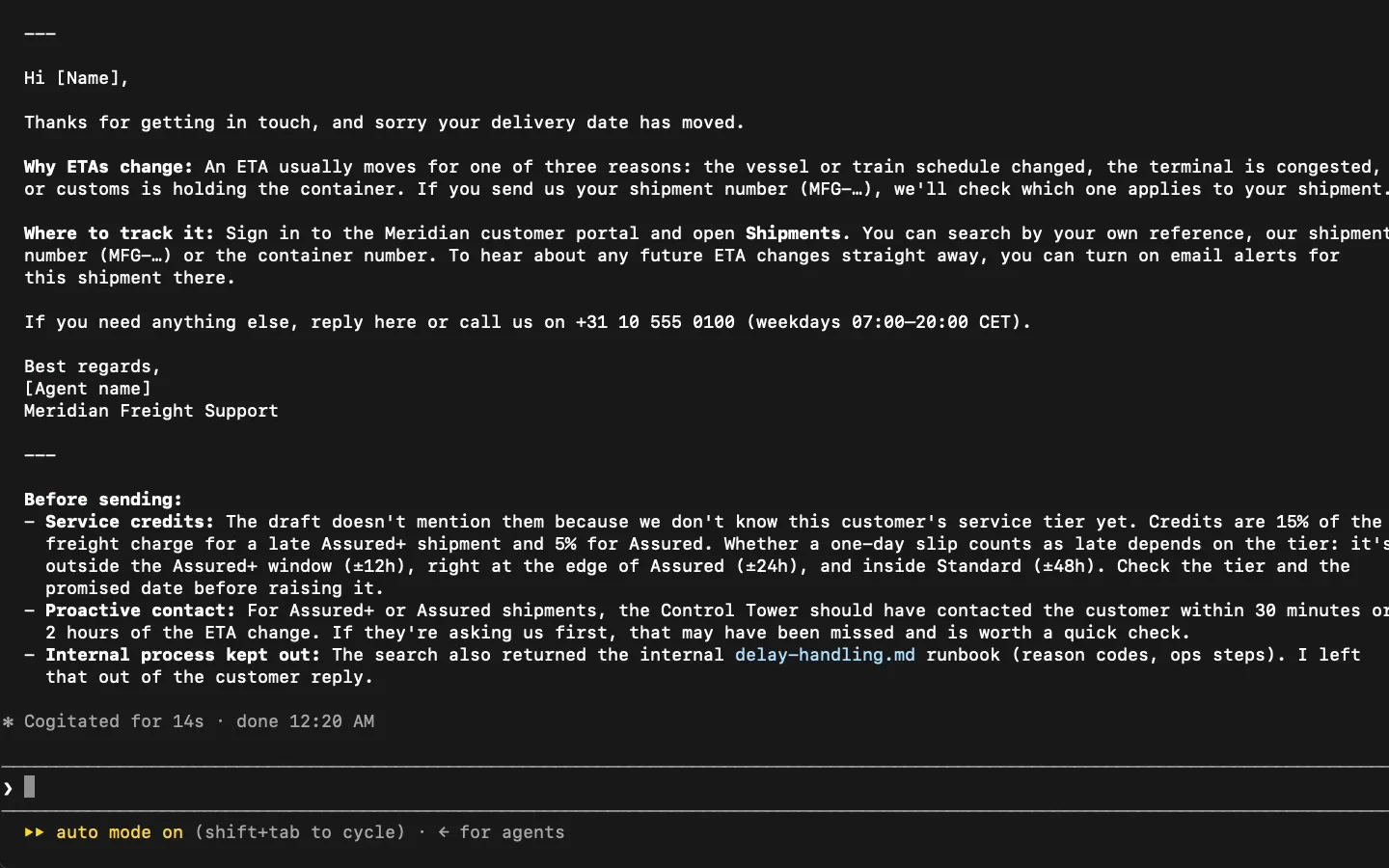 Claude Code in a terminal calls DocsGPT's search_docs tool over MCP, searches a company's help center and drafts a customer reply from what it found, noting what it left out.