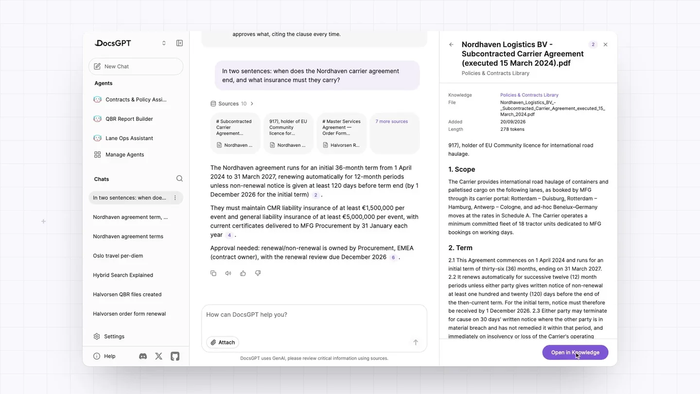 A silent product tour in sections: a cited answer whose citation opens the exact passage; files, wikis and a knowledge graph; connectors and tools with per-action approval; agents and a workflow run that returns a spreadsheet; human approval and a blocked prompt injection; then analytics, an execution trace, the Activity feed and a team's members; a closing card sets Cloud, own servers and air-gapped against where the data lives.