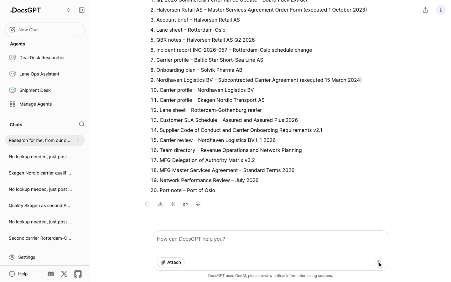 A research agent receives a question, plans its steps, searches the company's documents and writes a report that lists the documents it used.