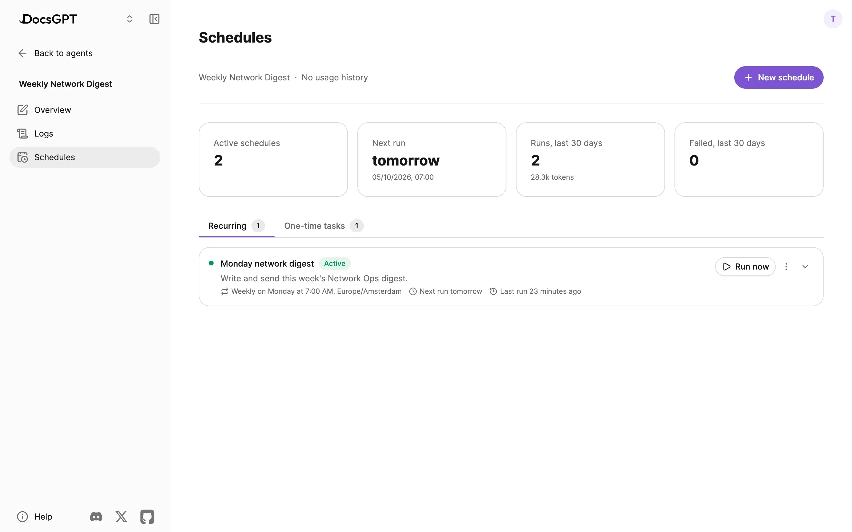 An agent's Schedules tab: active schedules, next run, runs and tokens over the last 30 days and failures, then a recurring Monday digest scheduled weekly at 7:00 in Europe/Amsterdam, with a Run now button.