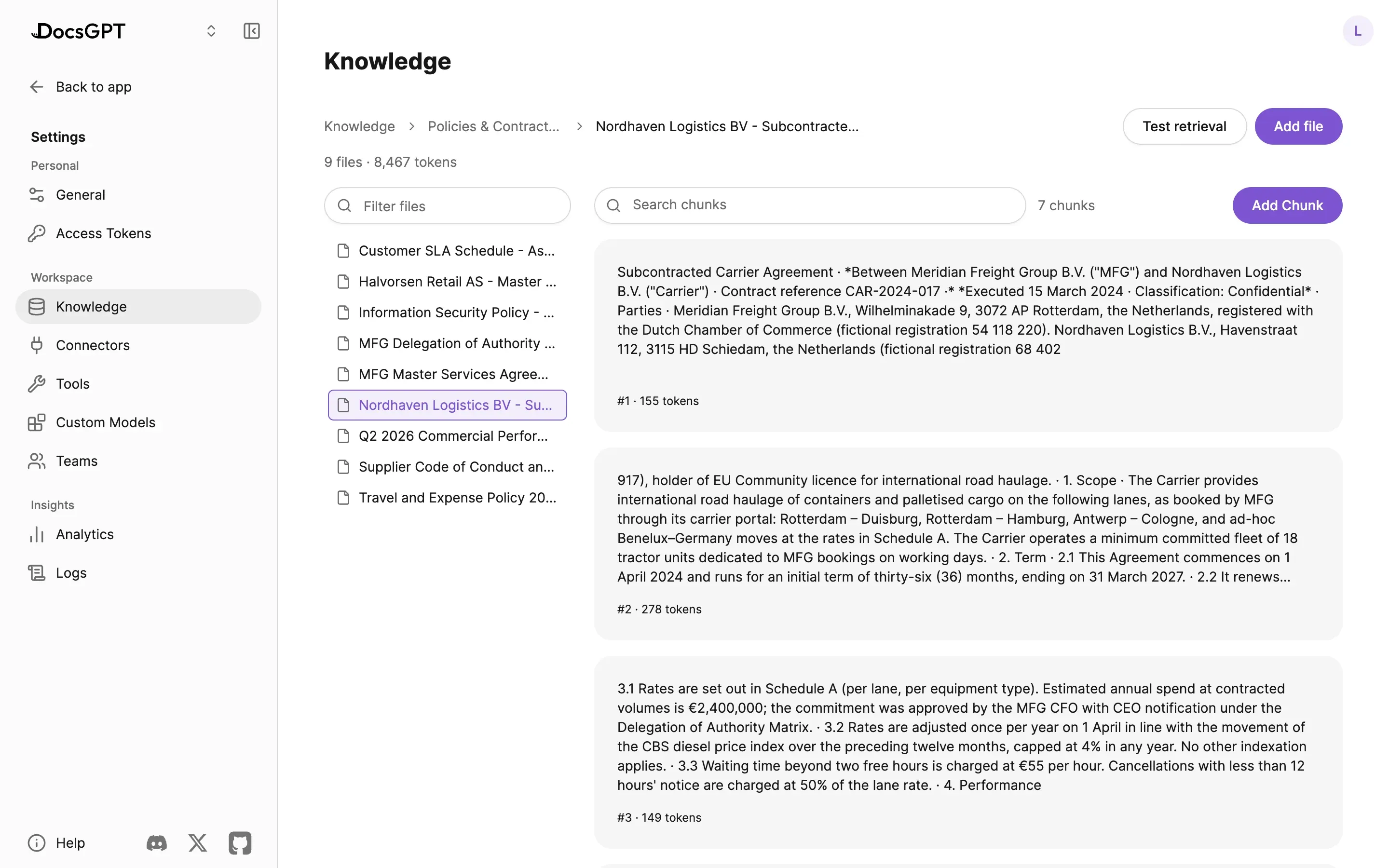 A contract open in Knowledge: the source's files on the left, and the document's chunks on the right, each numbered with its token count, with Search chunks, Add Chunk and Test retrieval controls.