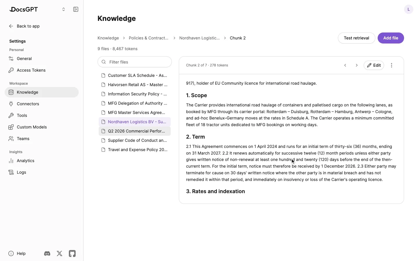 Knowledge: sources shown as cards with their sync source and token count — Policies & Contracts Library, an account plans archive synced from SharePoint, Sales Enablement synced from Google Drive, a wiki, a GraphRAG source and others. The menu on Sales Enablement offers View, sync Never, Daily, Weekly or Monthly, Sync now, Source settings, Test retrieval, Convert to wiki, Share with team and Delete. Share opens a dialog: the Revenue Ops team has Viewer access, and Access settings switch whether editors can share or delete and whether viewers can see settings. Then the Policies & Contracts Library opens on its nine files, and a subcontracted carrier agreement opens to its chunks, each with its token count.