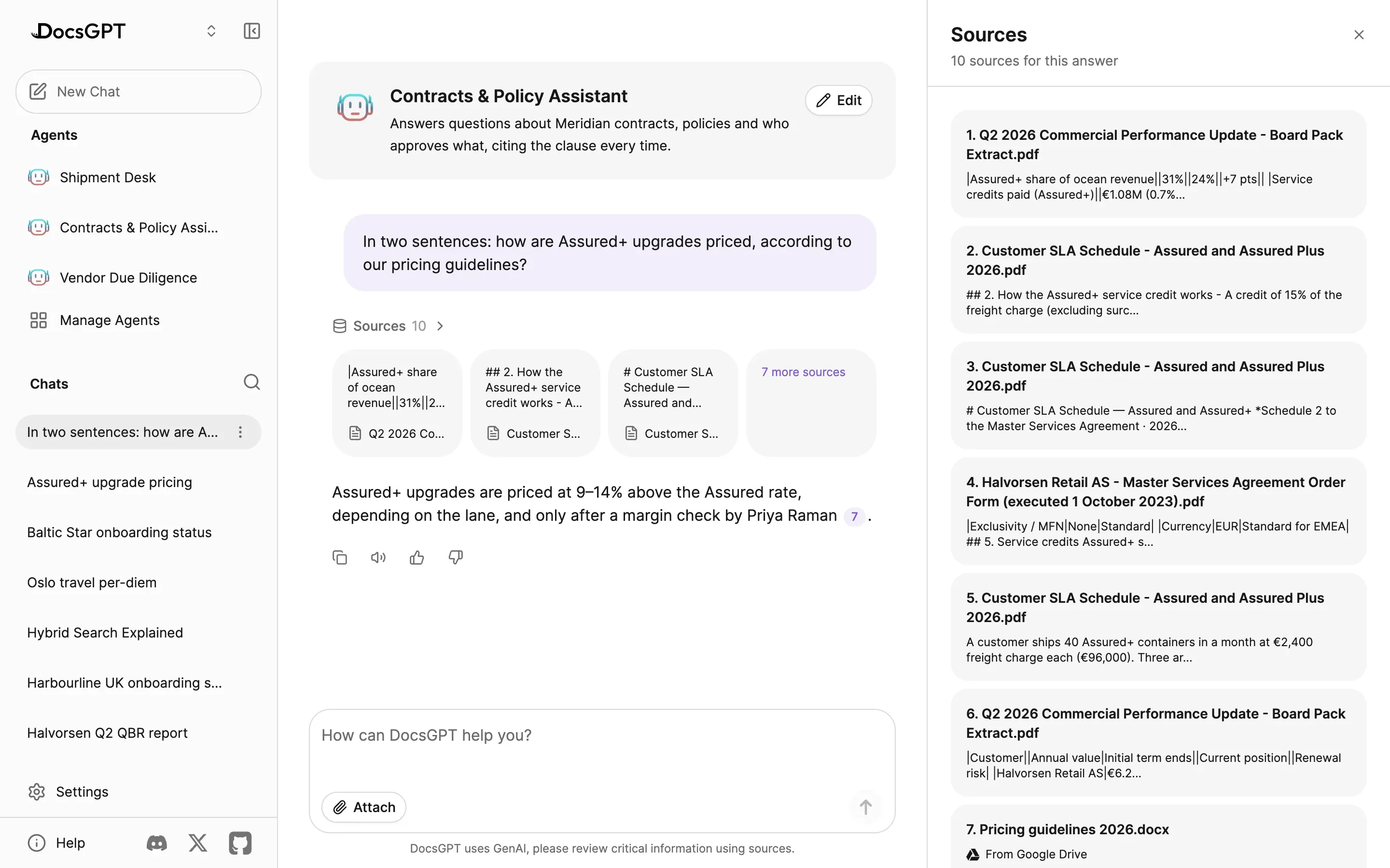 A chat answer with ten sources; the Sources panel beside it lists each cited document with the start of its passage, and source 7, Pricing guidelines 2026.docx, is marked From Google Drive.