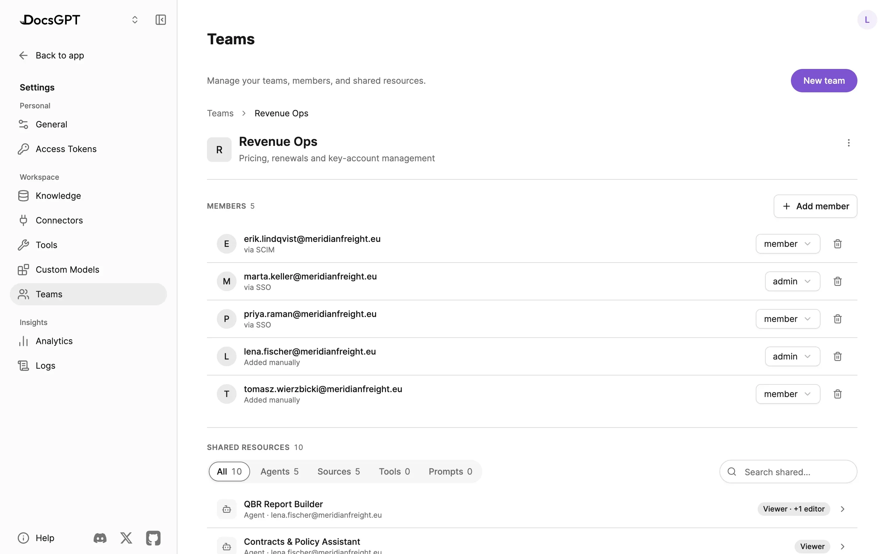 Settings › Teams › Revenue Ops, five members: each row carries the account, how it arrived — via SCIM, via SSO or Added manually — and its role, admin or member, in a dropdown. Below, ten shared resources, five agents and five sources, the first marked Viewer with one extra editor.