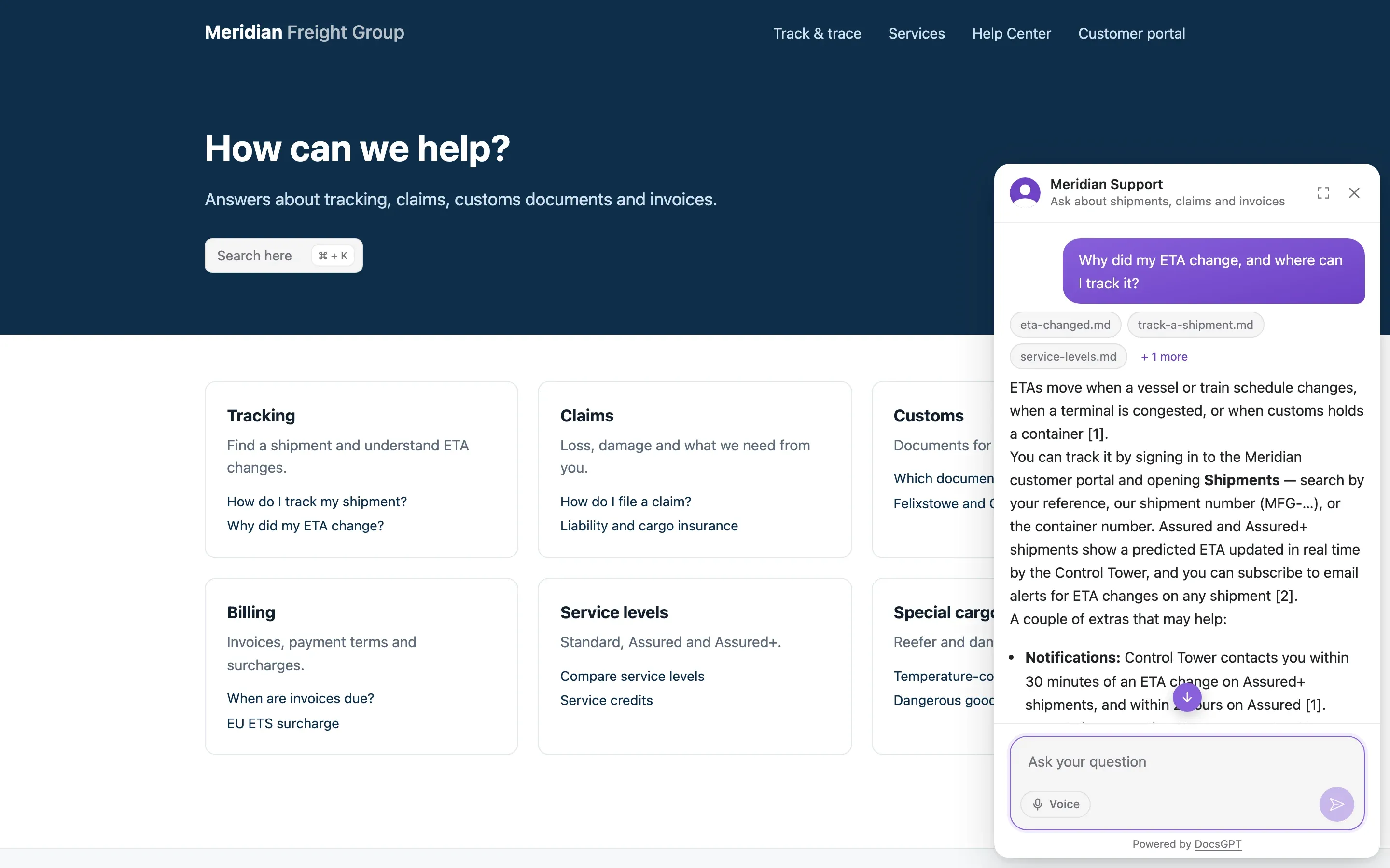 The DocsGPT chat widget on a logistics company's help center: a customer asks why their ETA changed and where to track it, and the answer cites three help articles, with a voice button in the composer.