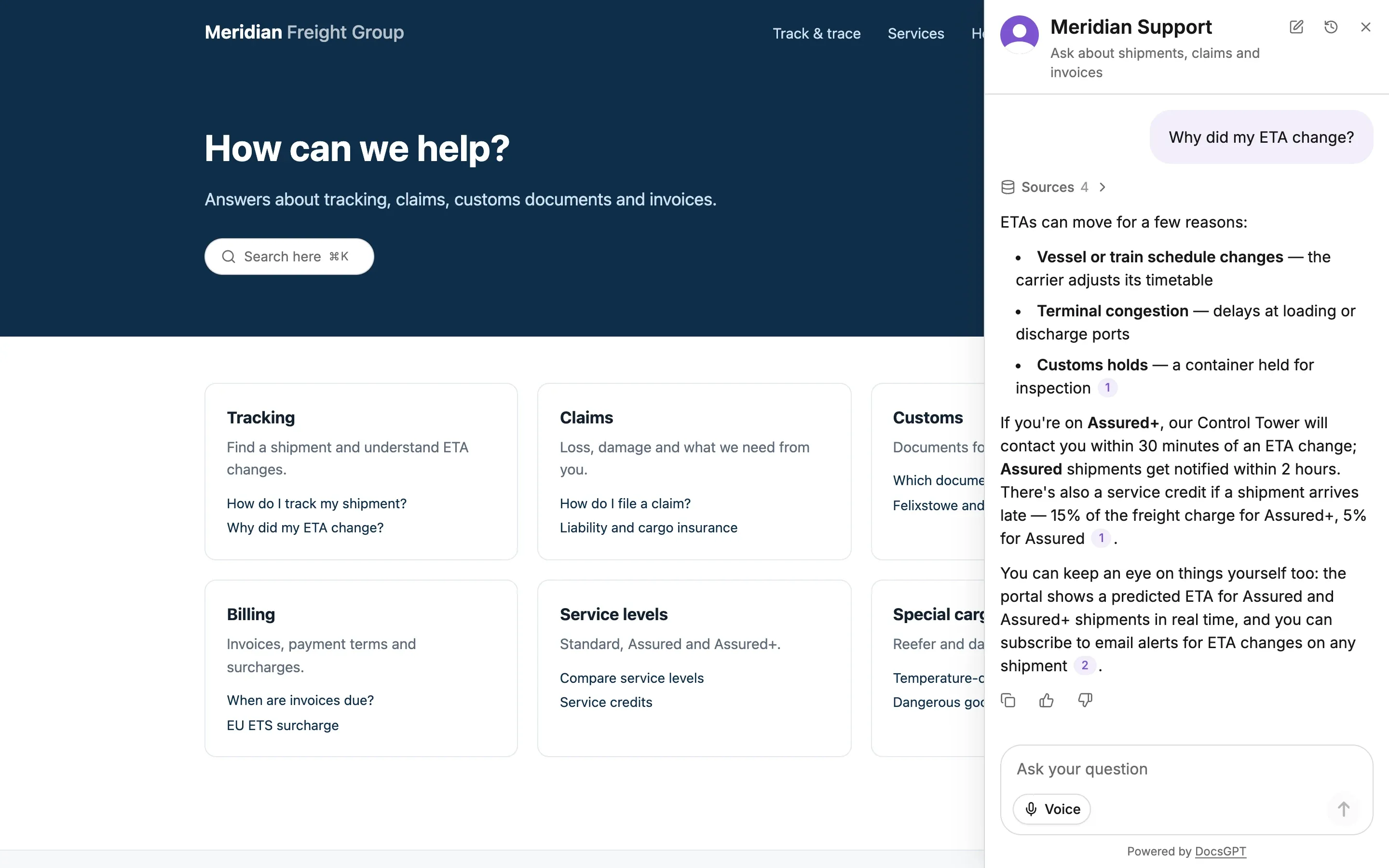 The DocsGPT chat widget docked as a sidebar on a logistics company's help center, answering Why did my ETA change? with cited help articles.